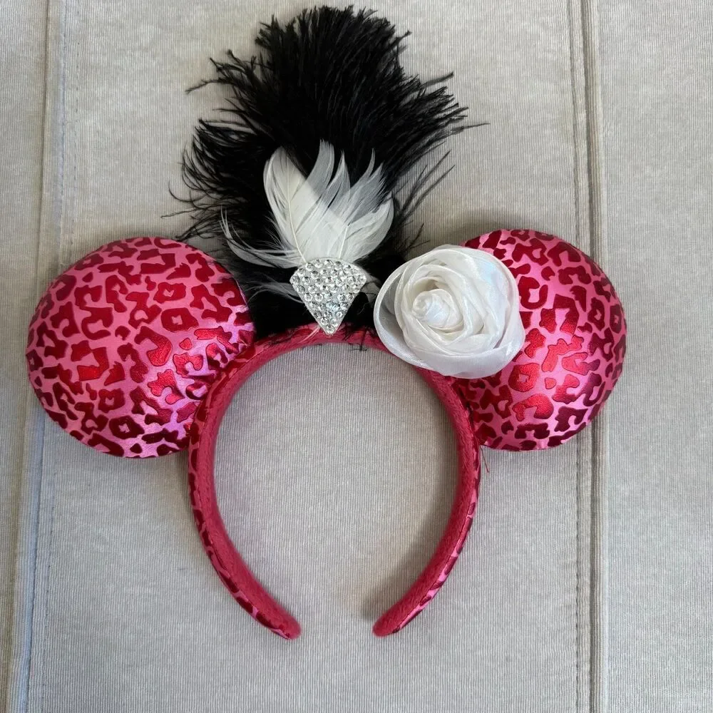 Disney Parks BUNDLE Rose Gold Sequin Pink Leopard Feather Minnie Headband Ears